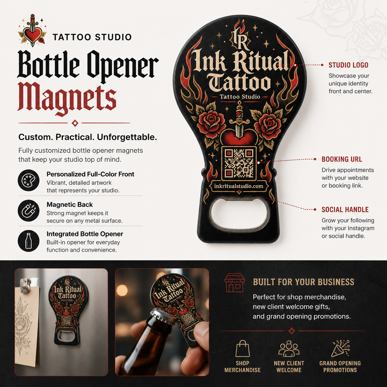 Tattoo Studio Bottle Opener Magnets – product features infographic