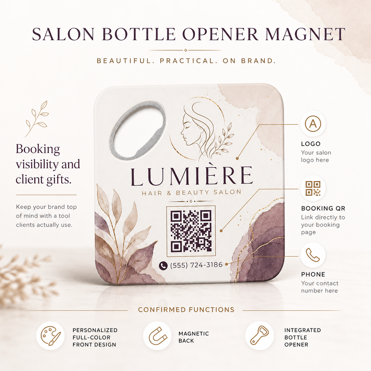 Salon Bottle Opener Magnets – product features infographic