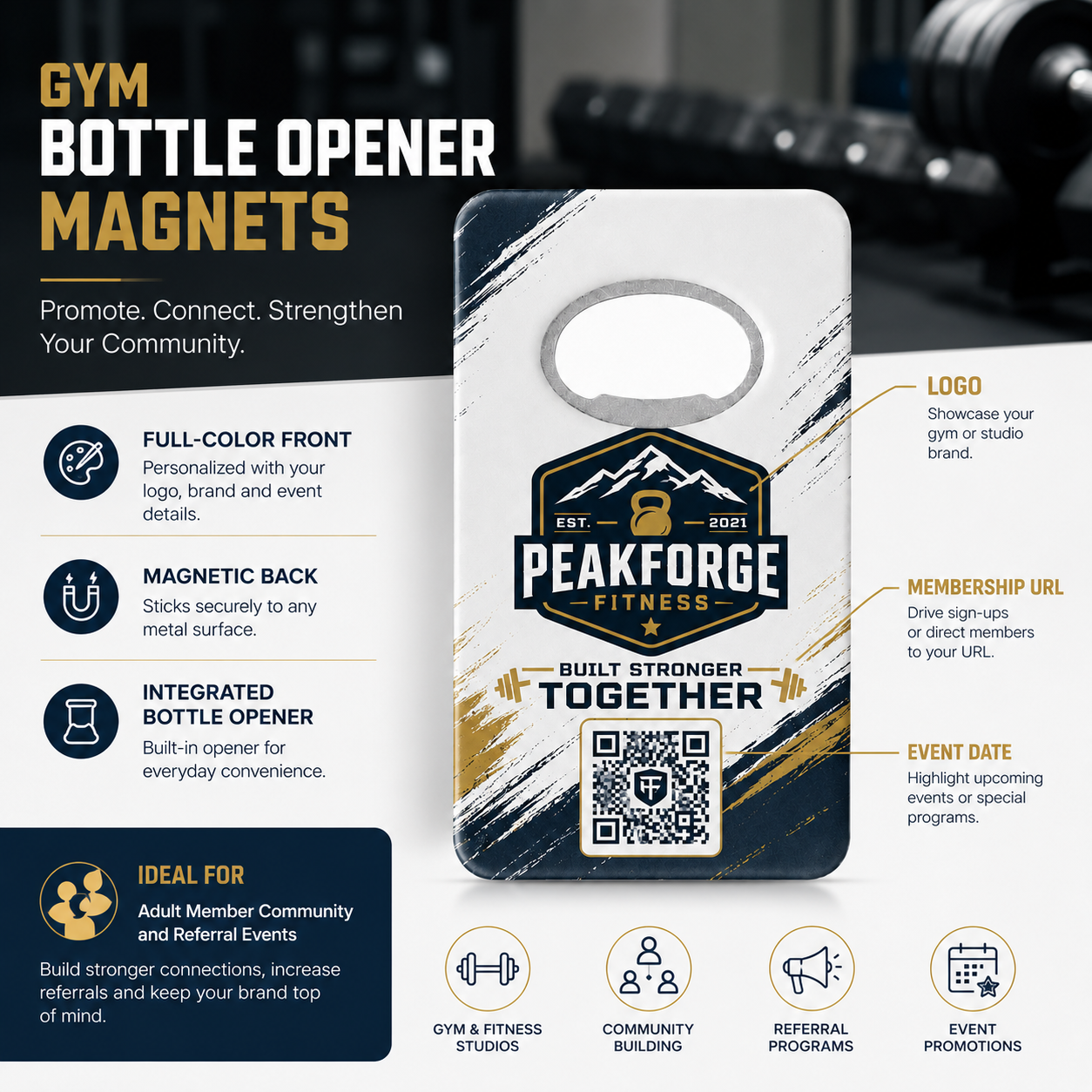 Gym Bottle Opener Magnets – product features infographic