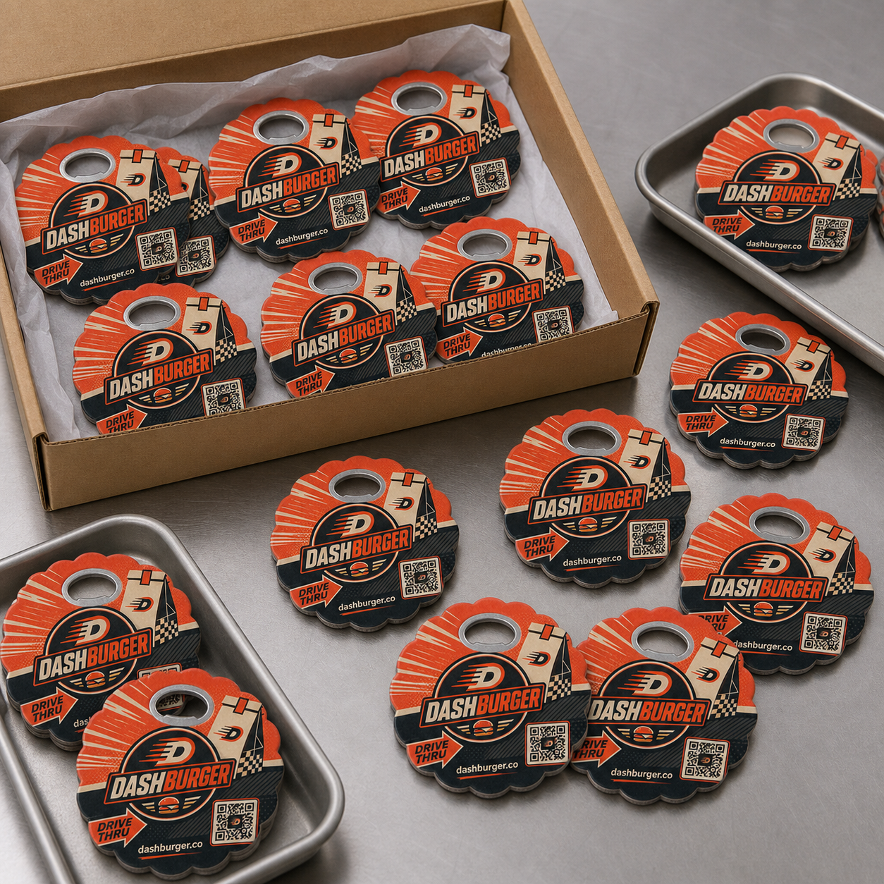 Custom Fast Food Bottle Opener Magnets – bulk order presentation