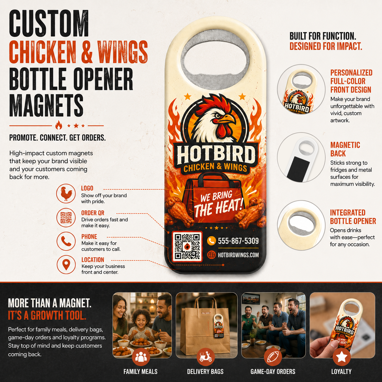 Custom Chicken & Wings Bottle Opener Magnets – product features infographic