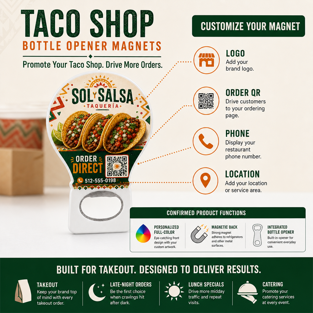 Taco Shop Bottle Opener Magnets – product features infographic