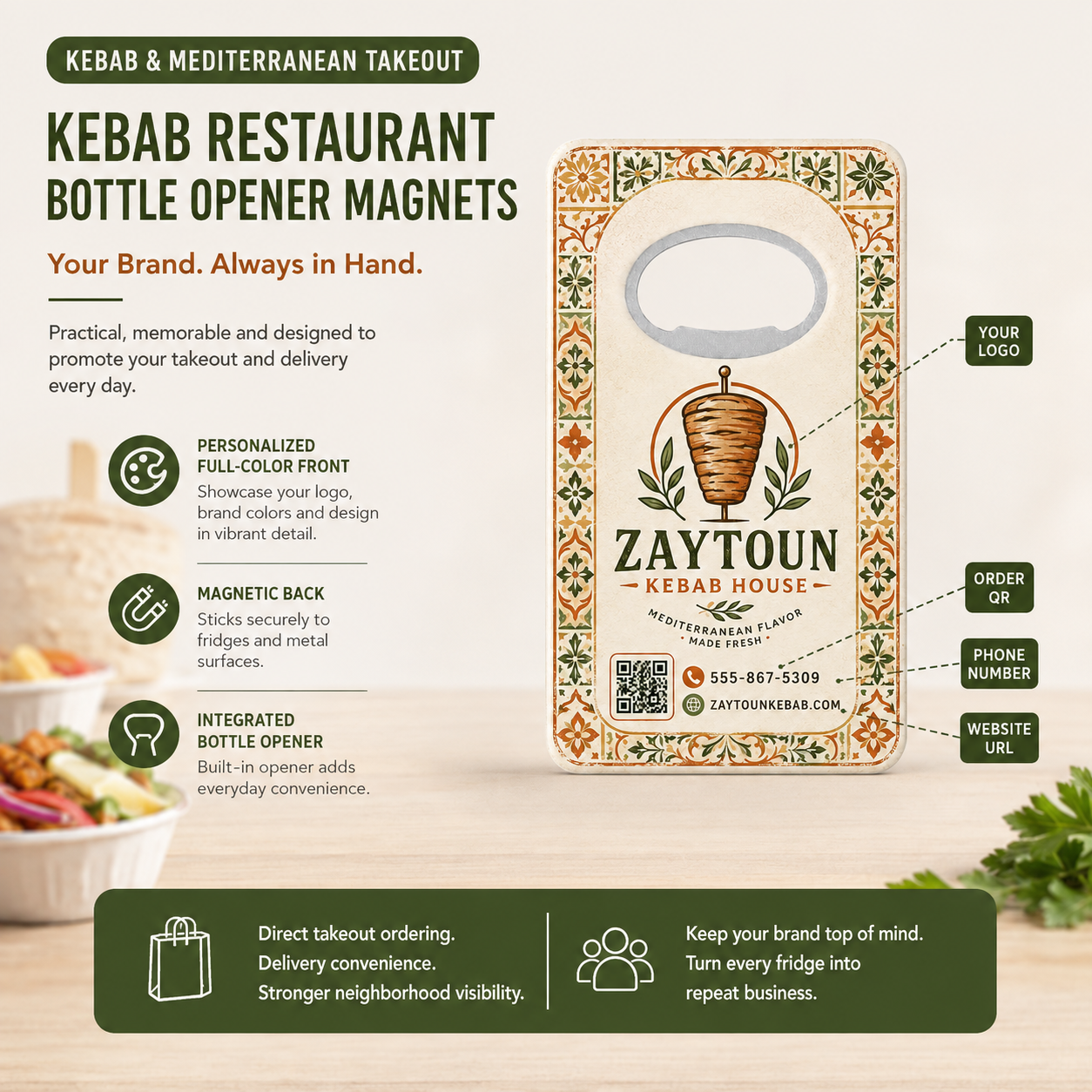 Kebab Restaurant Bottle Opener Magnets – product features infographic