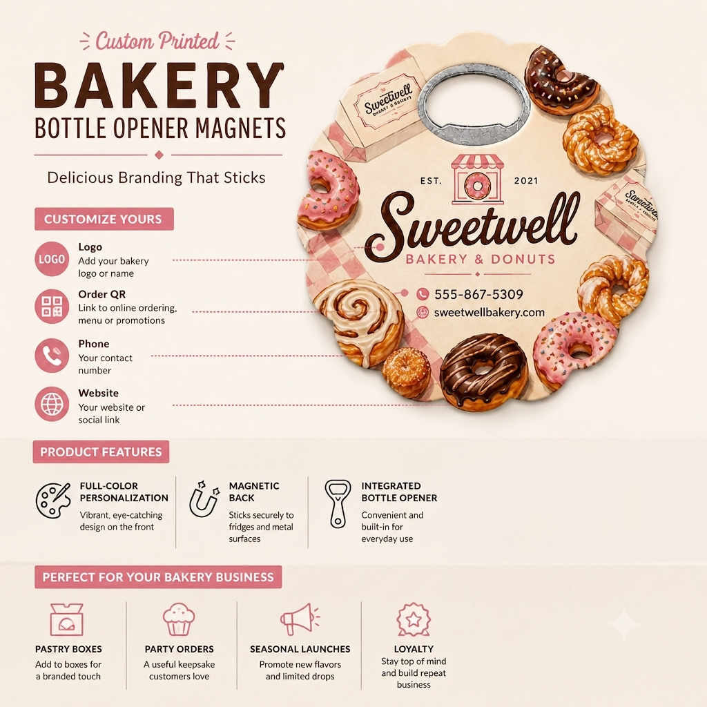 Bakery Bottle Opener Magnets – product features infographic