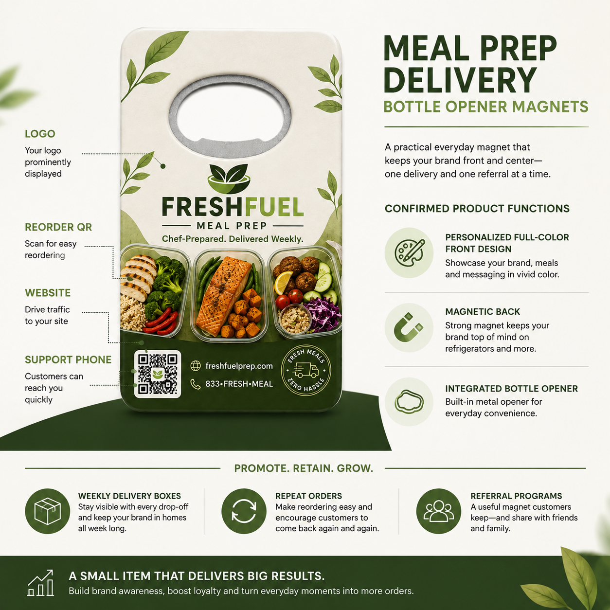 Meal Prep Delivery Bottle Opener Magnets – product features infographic