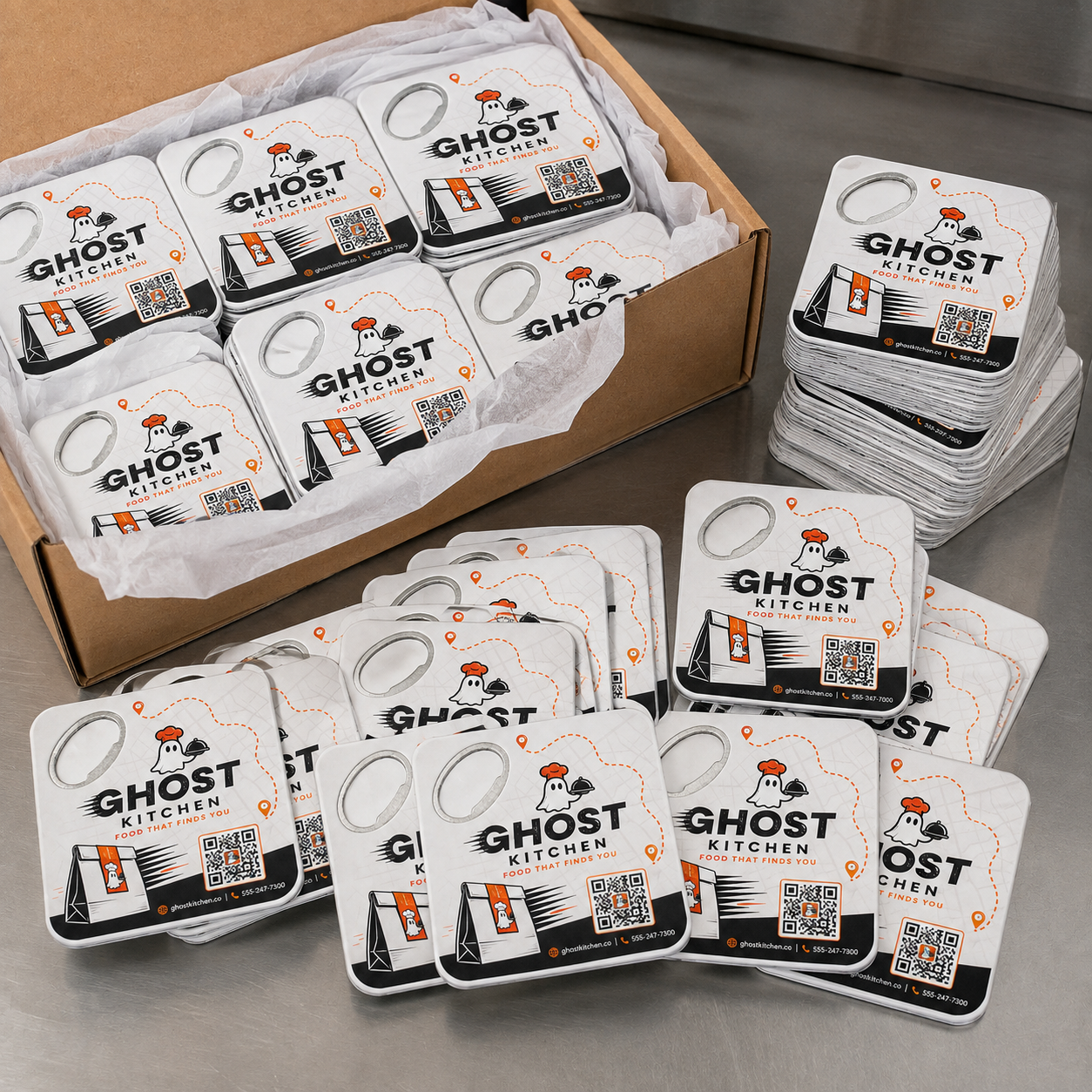 Ghost Kitchen Bottle Opener Magnets – bulk order presentation