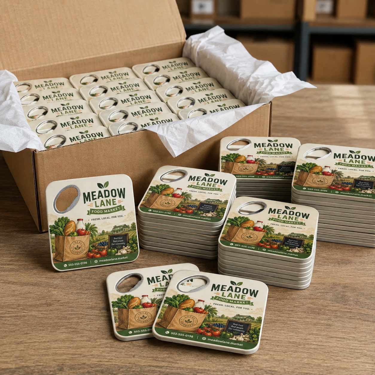 Local Food Market Bottle Opener Magnets – bulk order presentation