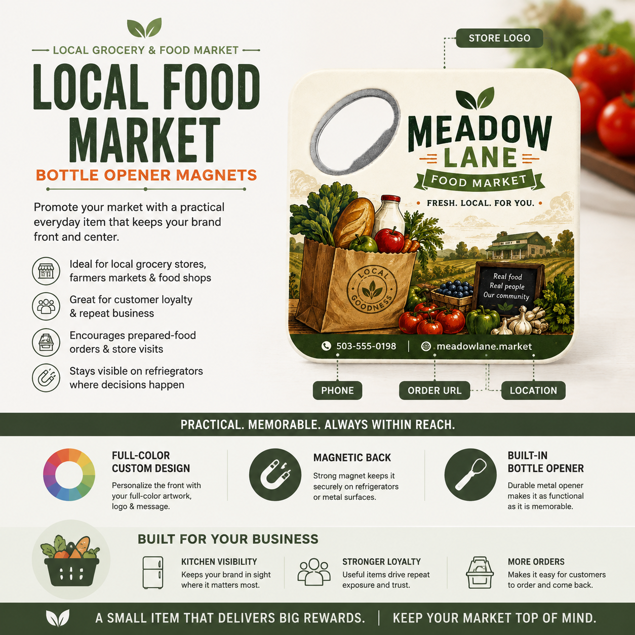 Local Food Market Bottle Opener Magnets – product features infographic