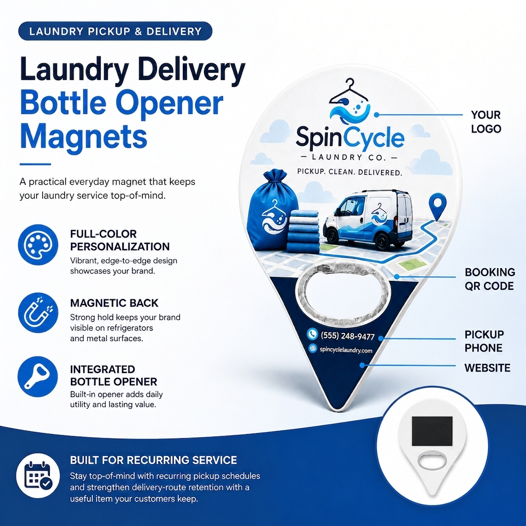 Laundry Delivery Bottle Opener Magnets – product features infographic