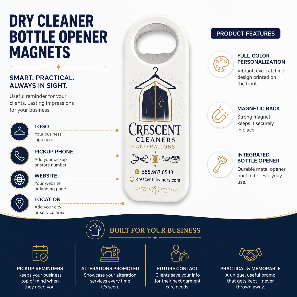 Dry Cleaner Bottle Opener Magnets – product features infographic