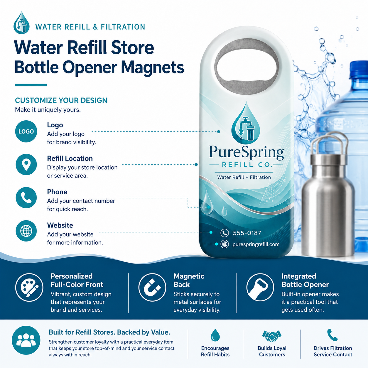 Water Refill Store Bottle Opener Magnets – product features infographic