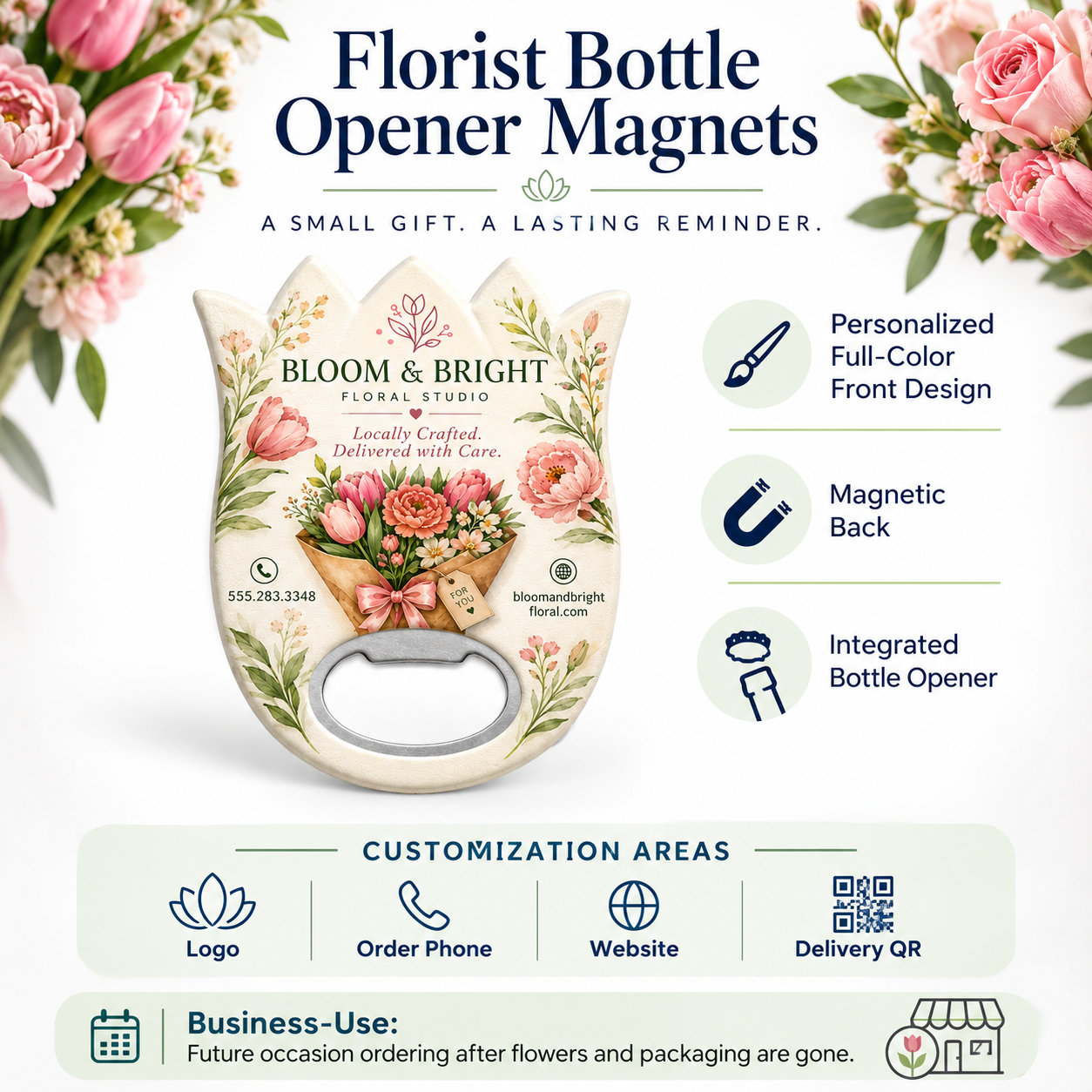 Florist Bottle Opener Magnets – product features infographic