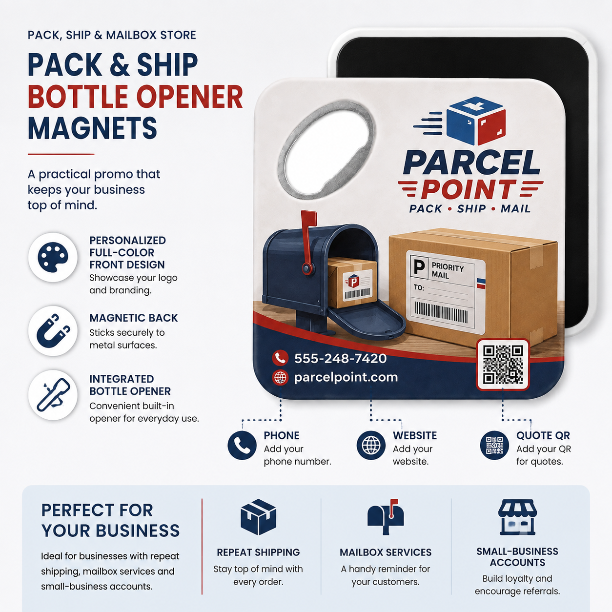 Pack & Ship Bottle Opener Magnets – product features infographic