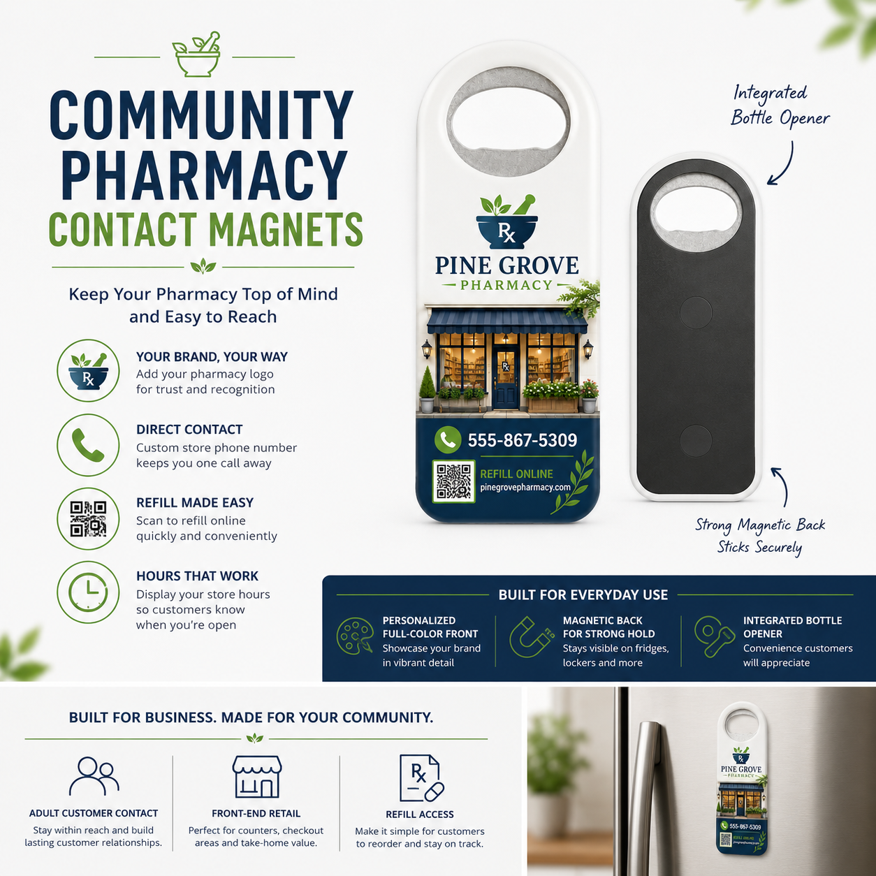 Community Pharmacy Contact Magnets – product features infographic