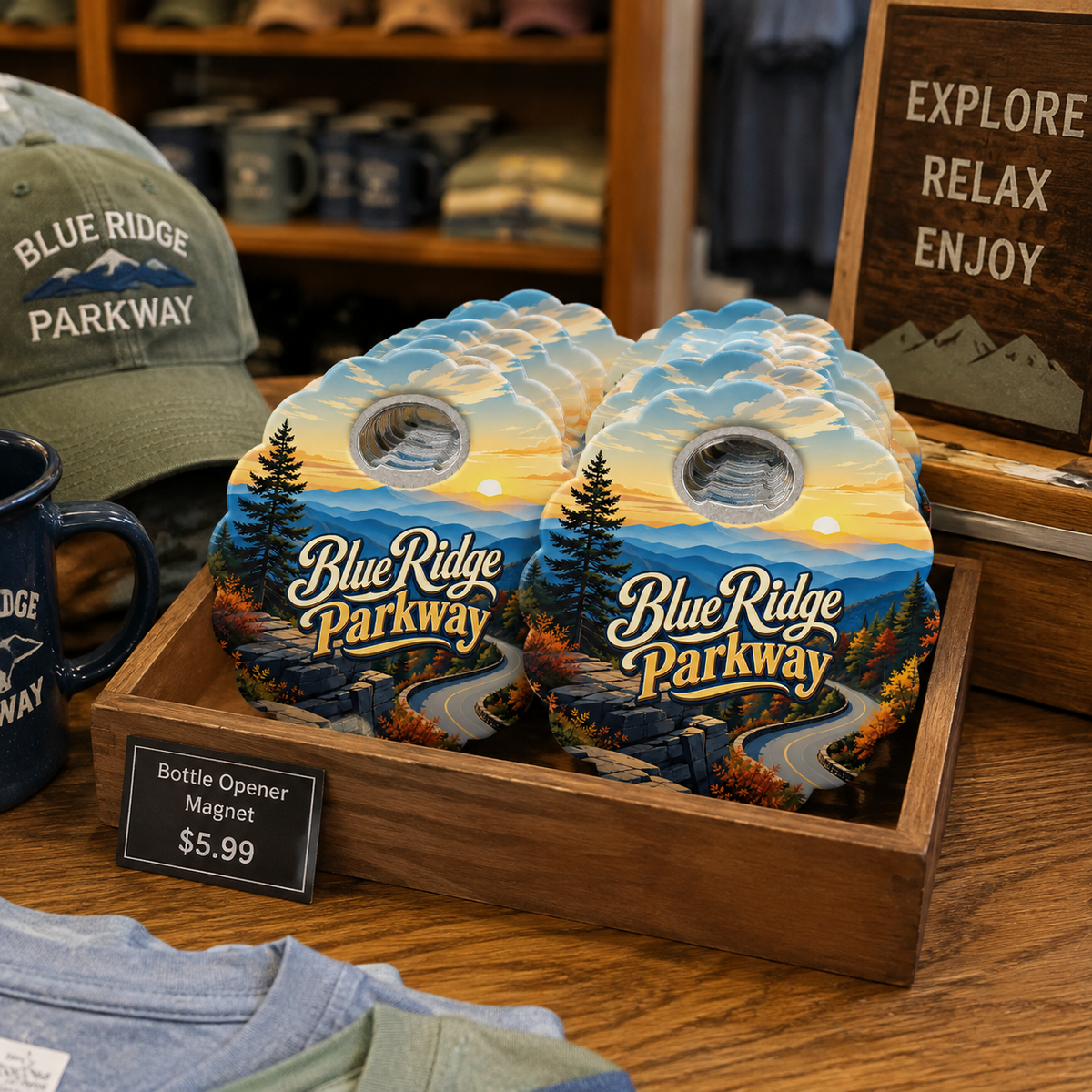 Blue Ridge Parkway souvenir bottle opener magnet in a retail lifestyle setting