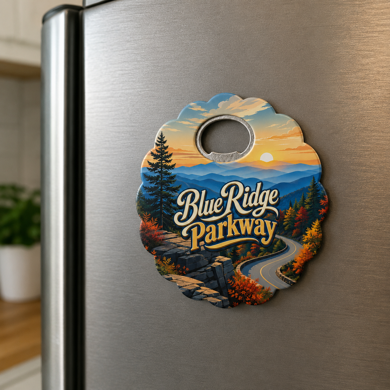 Blue Ridge Parkway souvenir bottle opener magnet displayed on a refrigerator