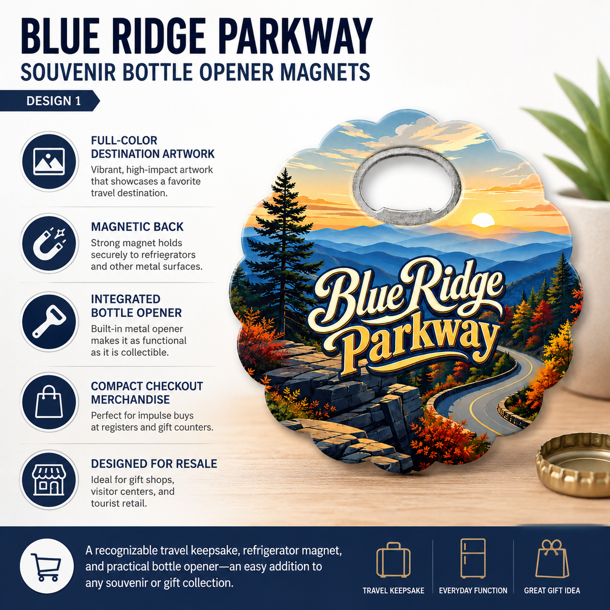 Blue Ridge Parkway souvenir bottle opener magnet features infographic