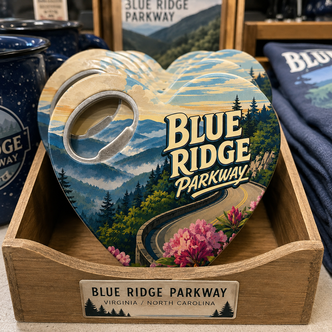 Blue Ridge Parkway souvenir bottle opener magnet in a retail lifestyle setting