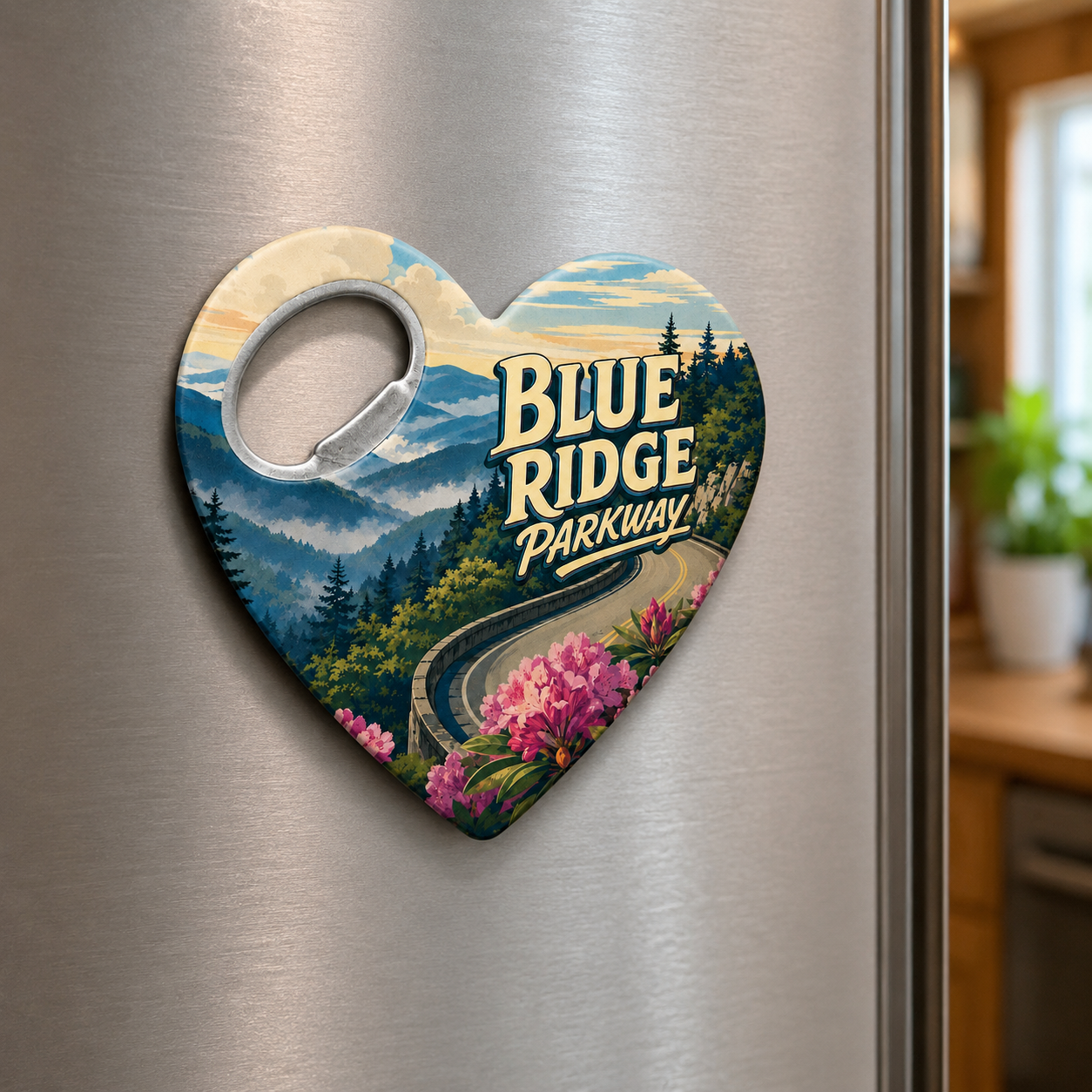 Blue Ridge Parkway souvenir bottle opener magnet displayed on a refrigerator