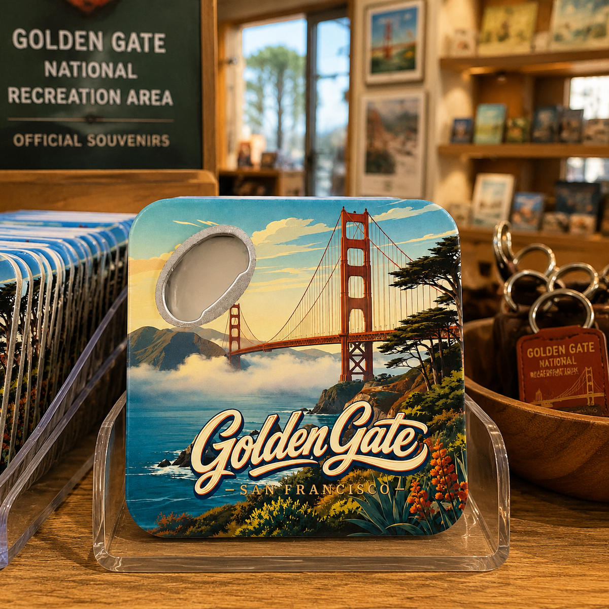 Golden Gate Bridge souvenir bottle opener magnet in a retail lifestyle setting