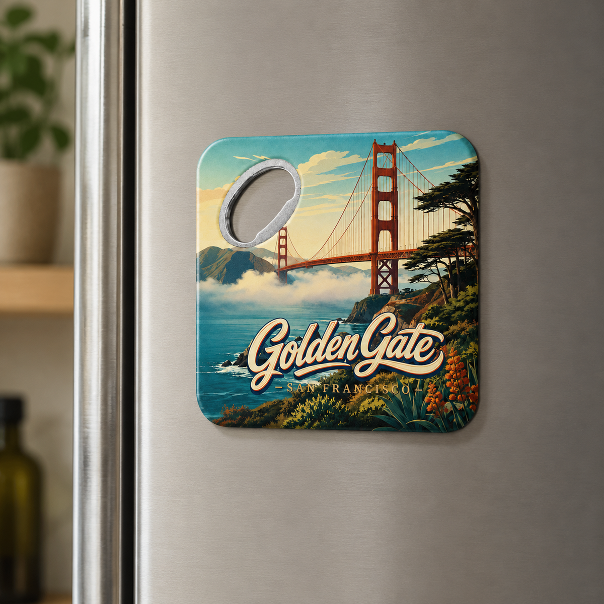 Golden Gate Bridge souvenir bottle opener magnet displayed on a refrigerator