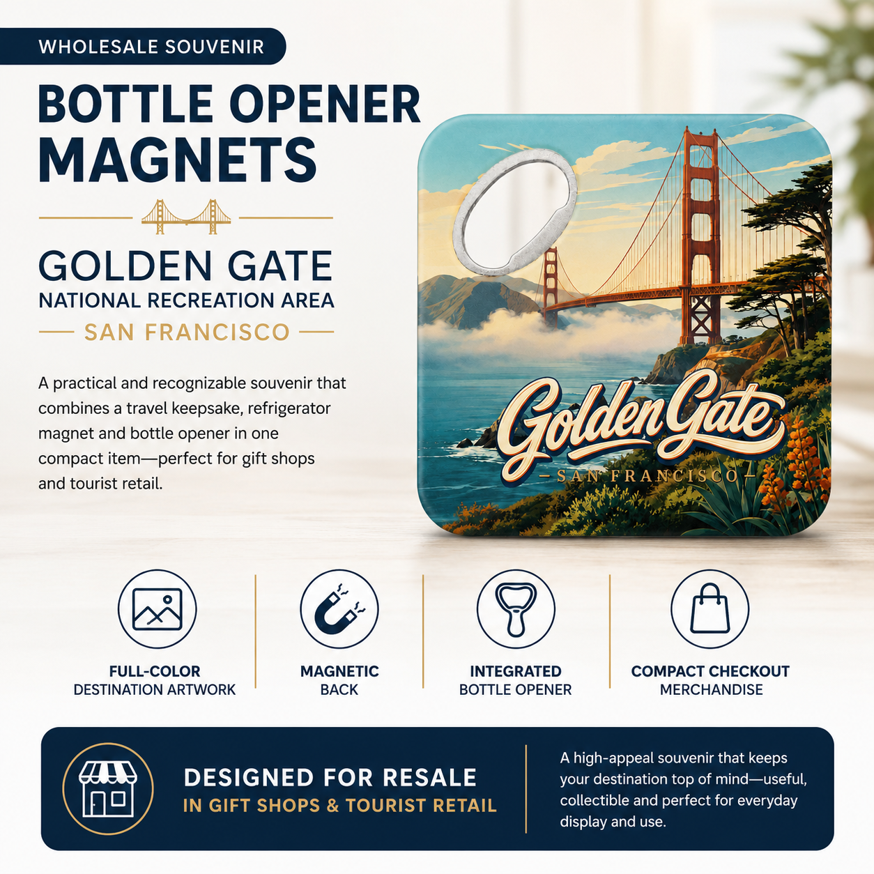 Golden Gate Bridge souvenir bottle opener magnet features infographic
