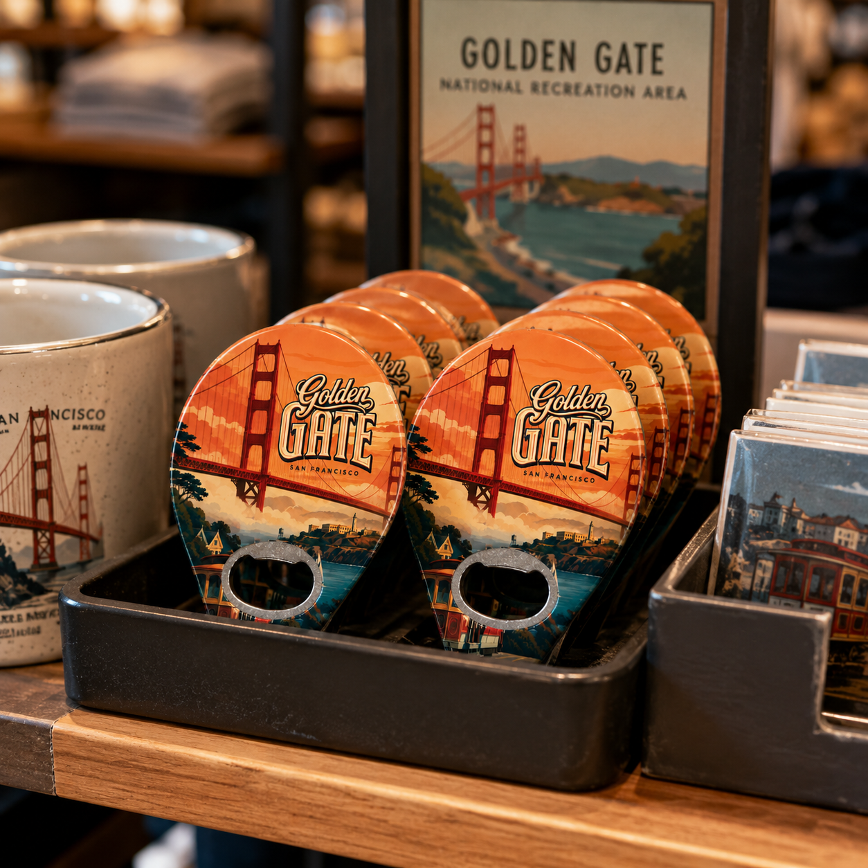 San Francisco Bay souvenir bottle opener magnet in a retail lifestyle setting