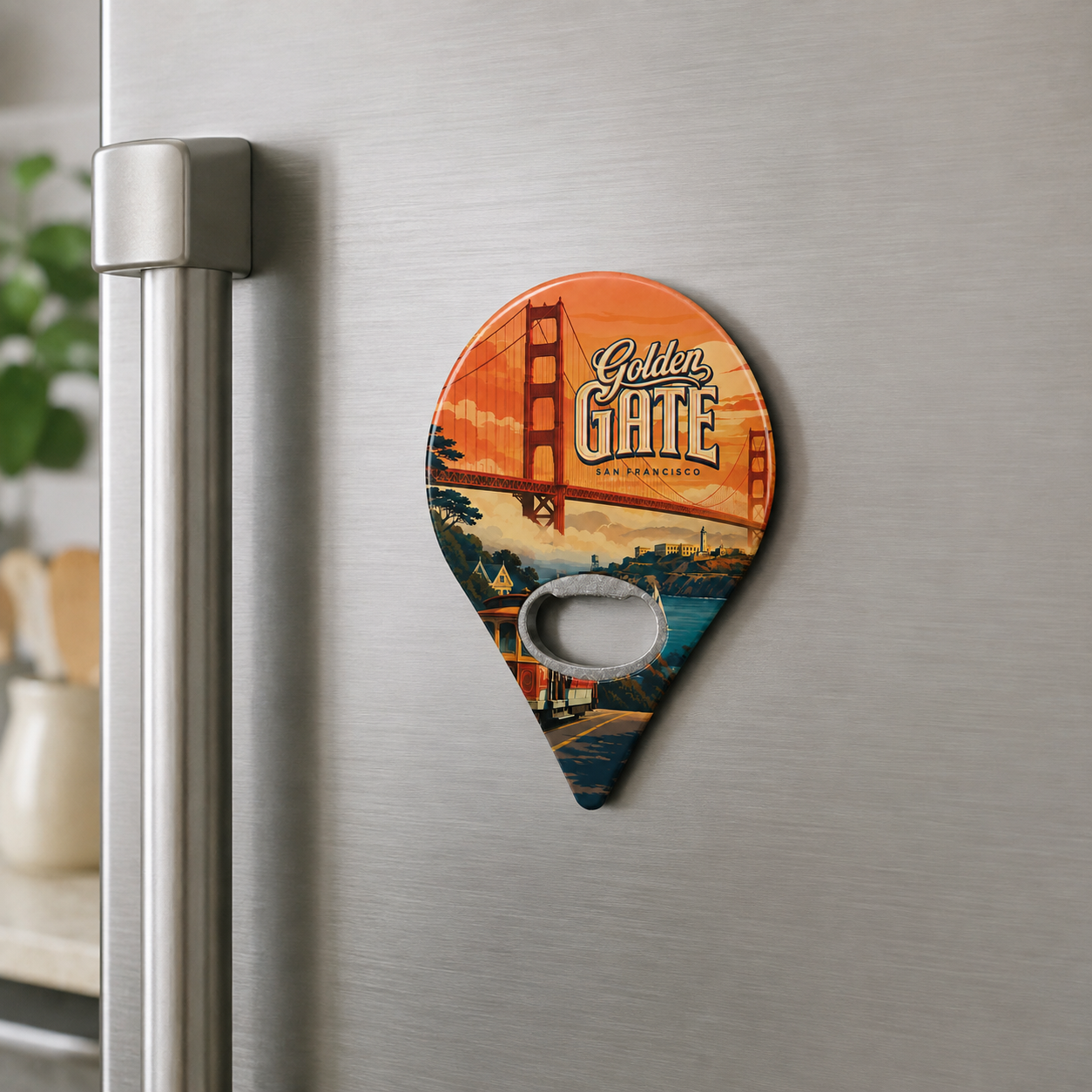 San Francisco Bay souvenir bottle opener magnet displayed on a refrigerator