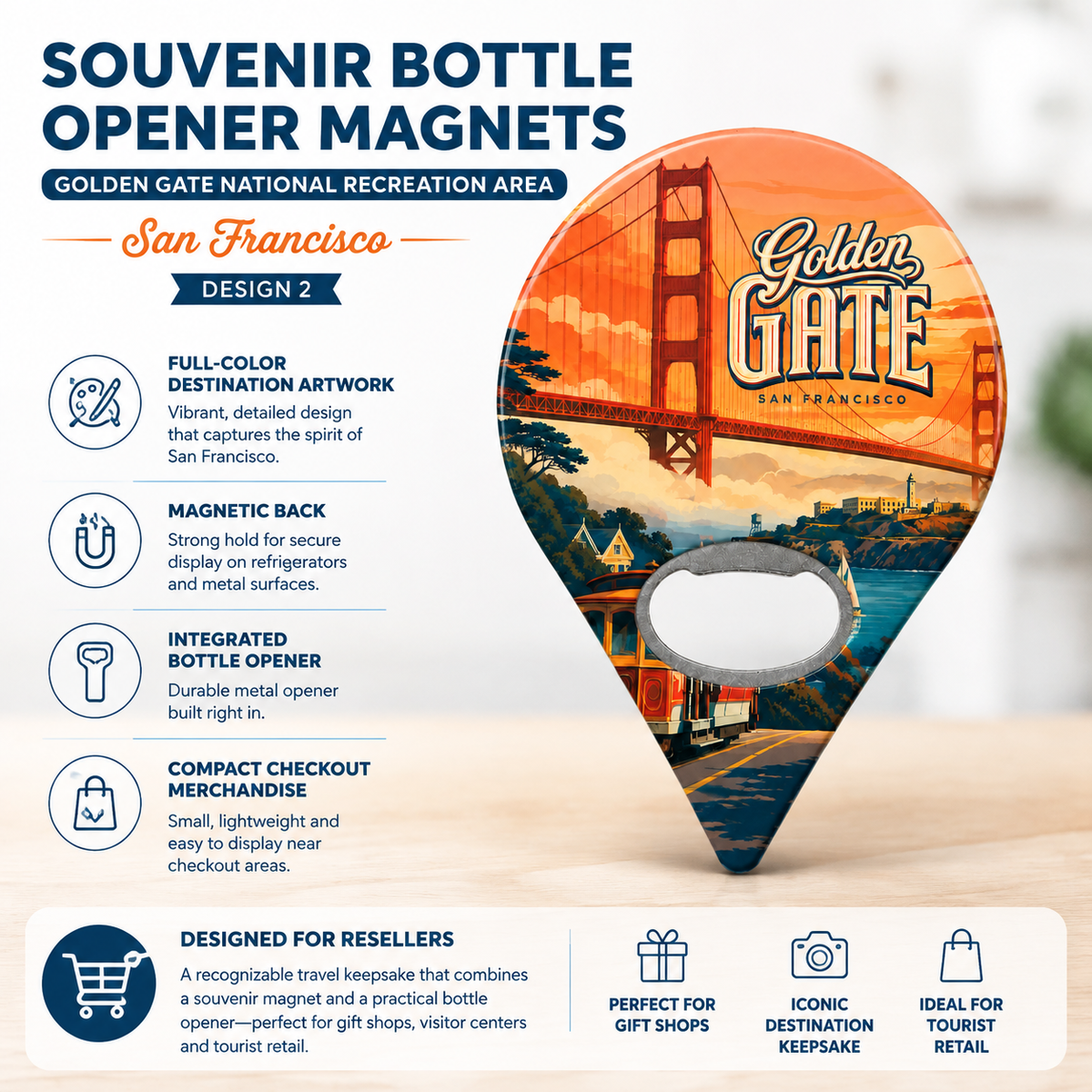 San Francisco Bay souvenir bottle opener magnet features infographic