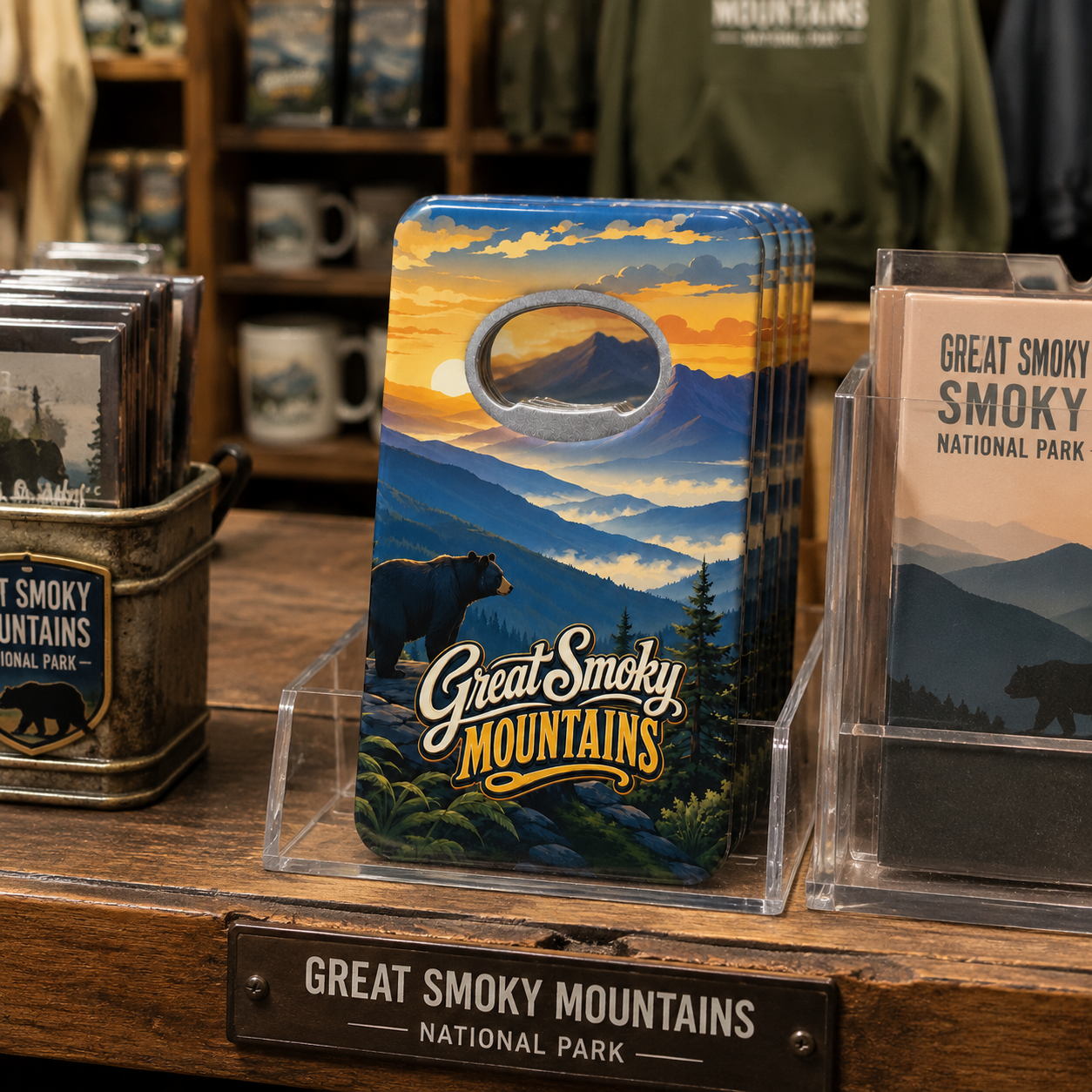 Great Smoky Mountains souvenir bottle opener magnet in a retail lifestyle setting