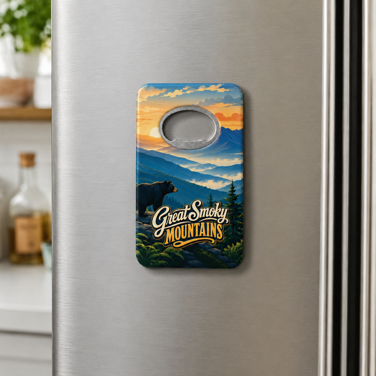 Great Smoky Mountains souvenir bottle opener magnet displayed on a refrigerator