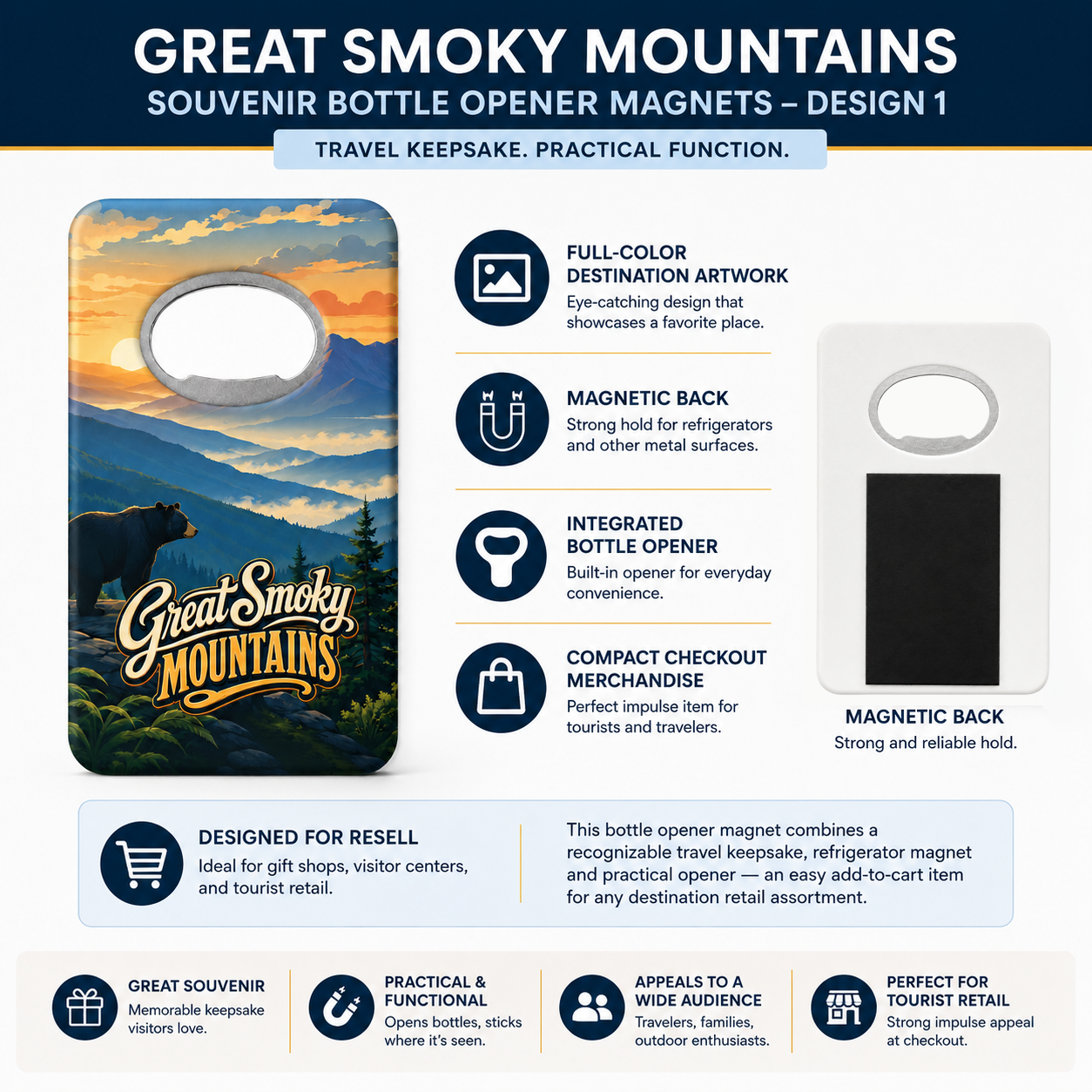 Great Smoky Mountains souvenir bottle opener magnet features infographic