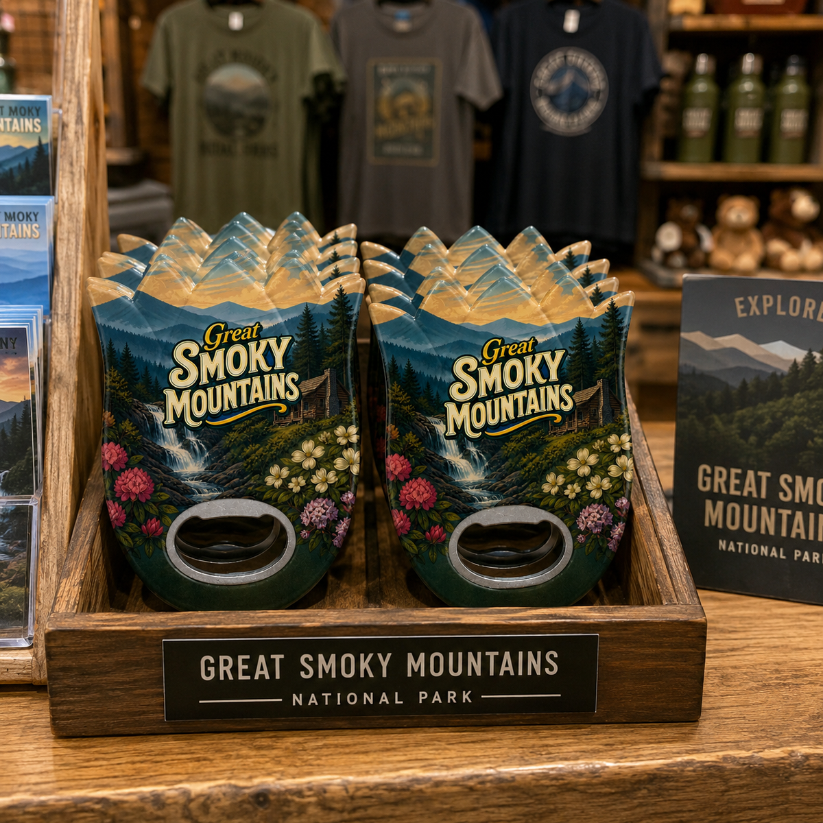 Great Smoky Mountains souvenir bottle opener magnet in a retail lifestyle setting
