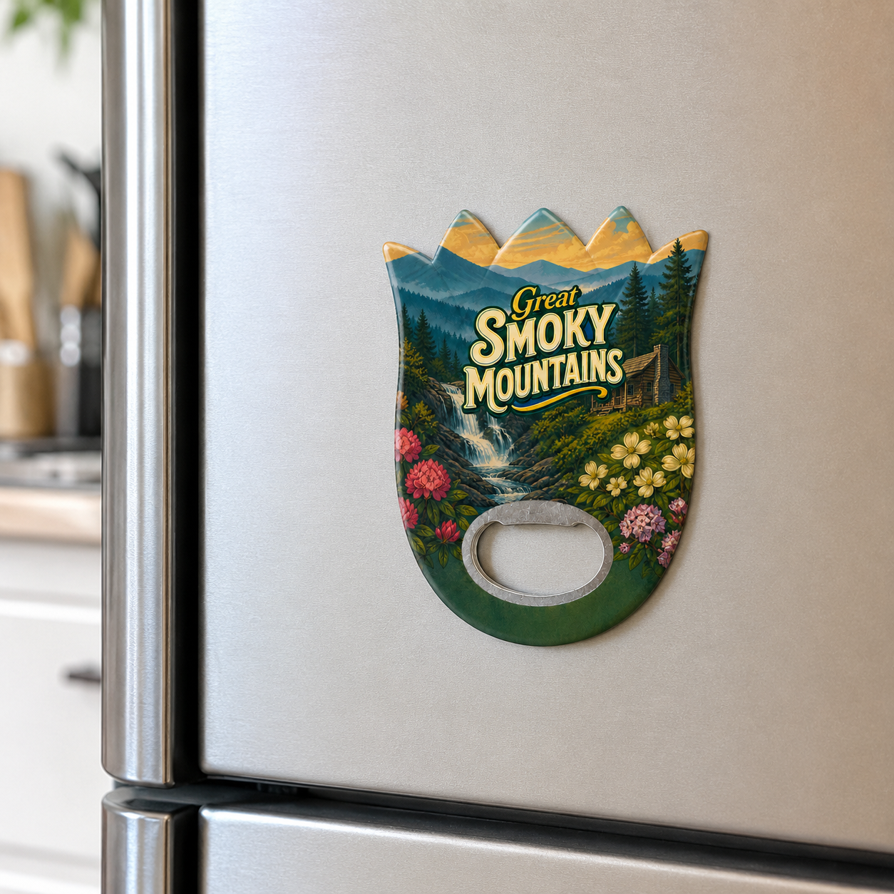 Great Smoky Mountains souvenir bottle opener magnet displayed on a refrigerator