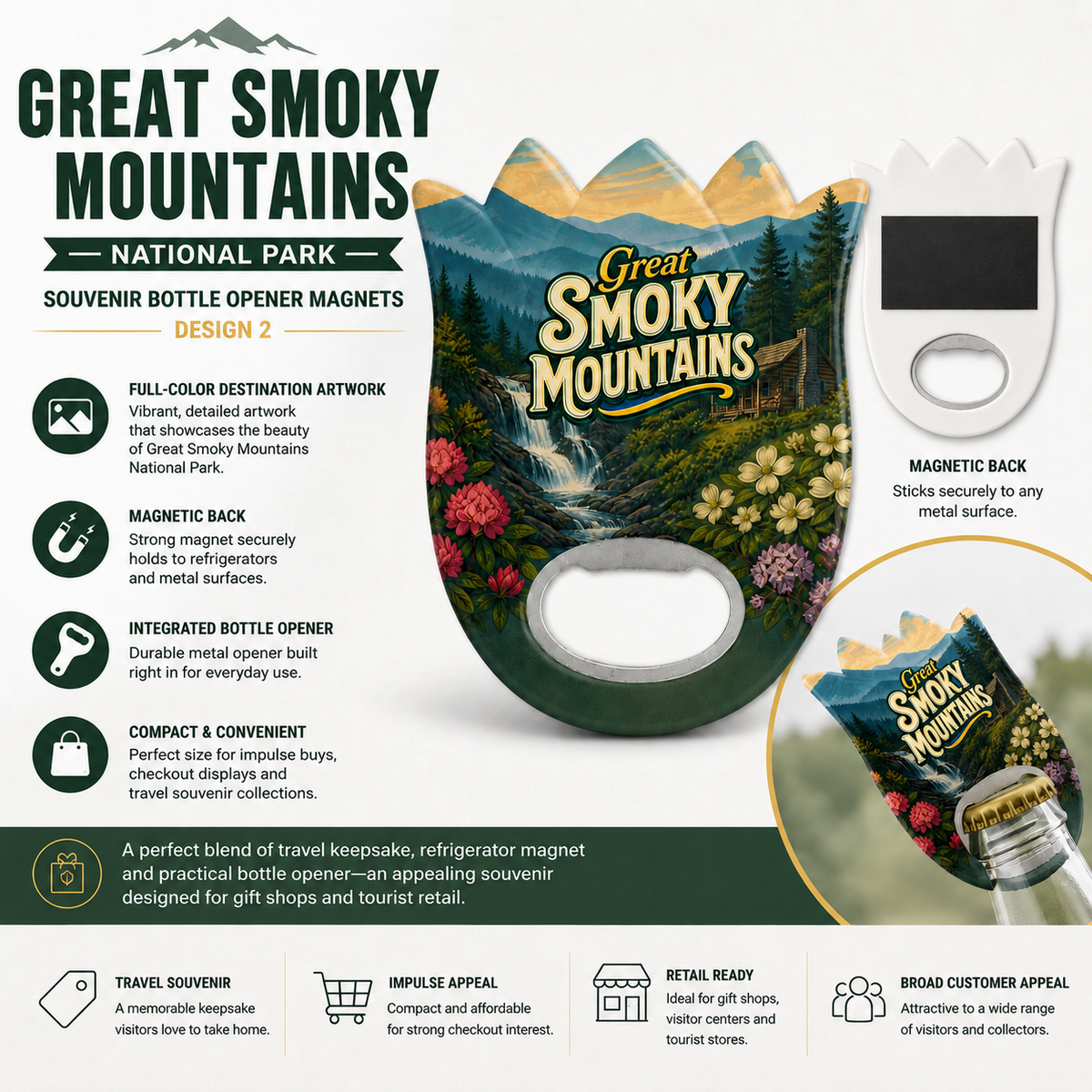Great Smoky Mountains souvenir bottle opener magnet features infographic