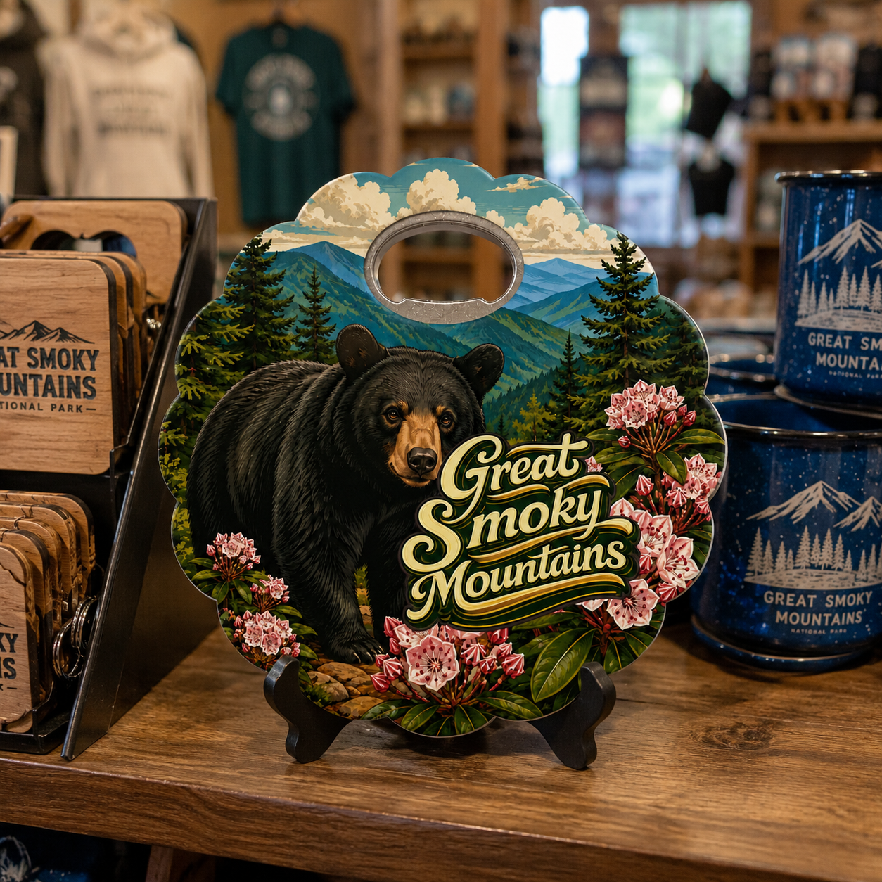 Great Smoky Mountains souvenir bottle opener magnet in a retail lifestyle setting