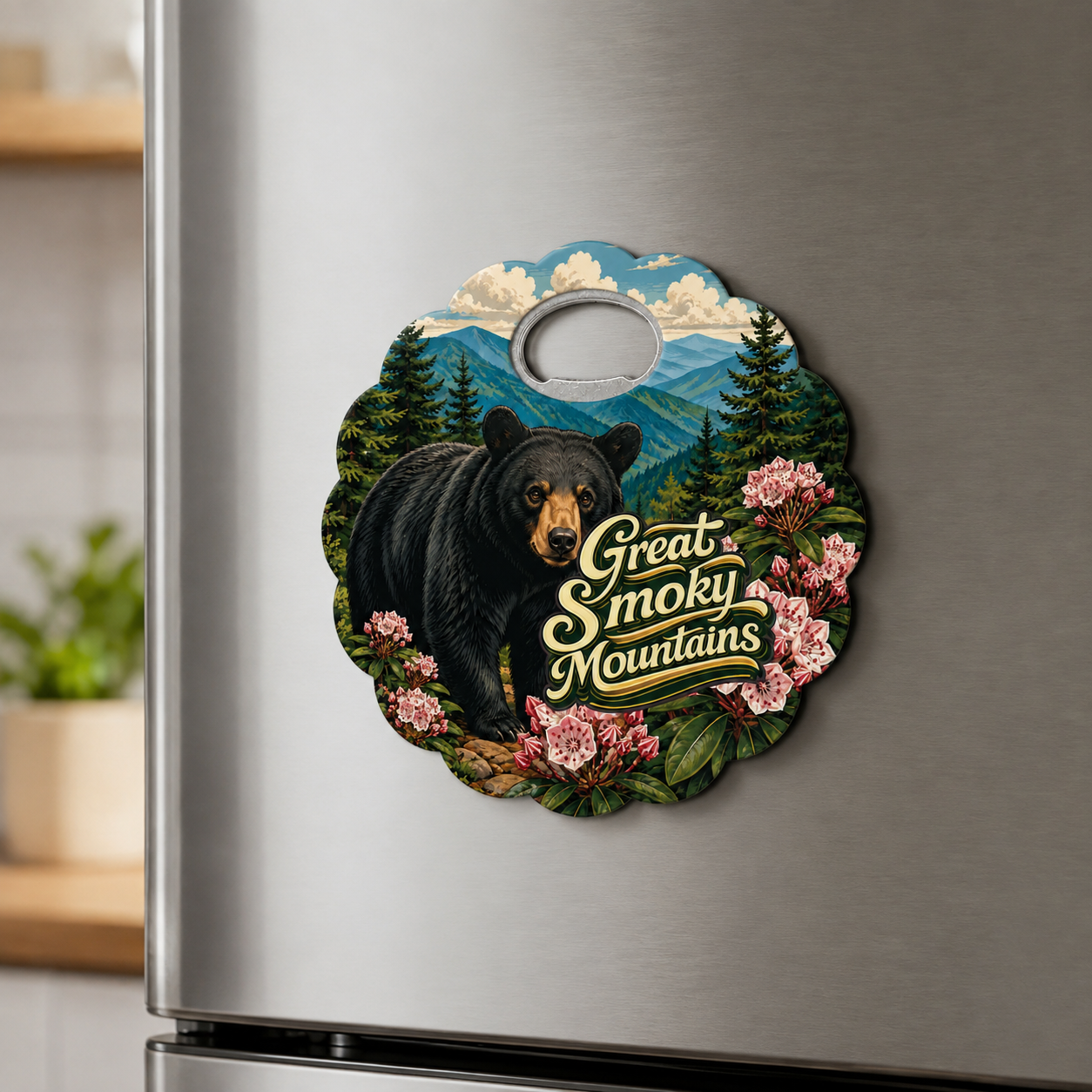 Great Smoky Mountains souvenir bottle opener magnet displayed on a refrigerator