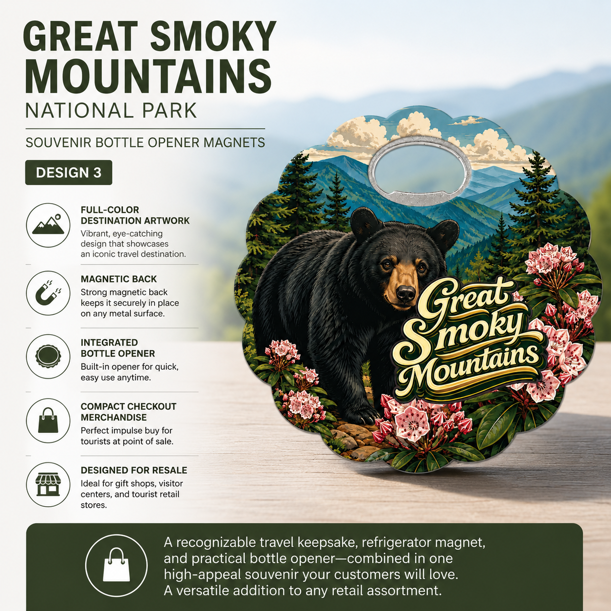 Great Smoky Mountains souvenir bottle opener magnet features infographic