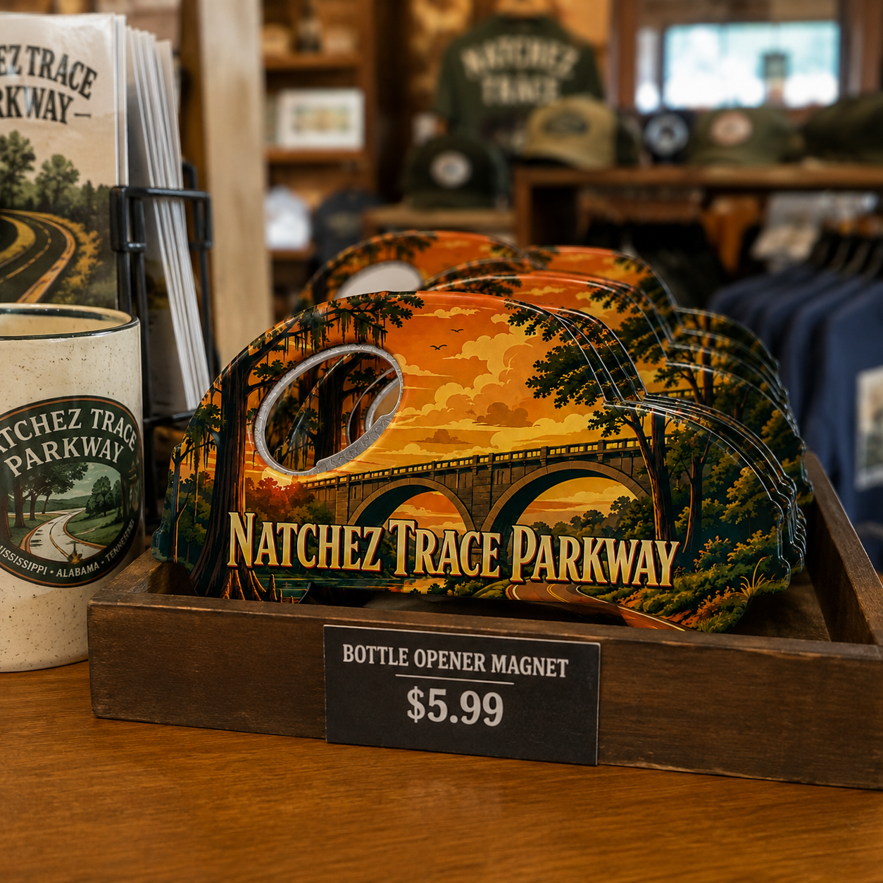 Natchez Trace Parkway souvenir bottle opener magnet in a retail lifestyle setting