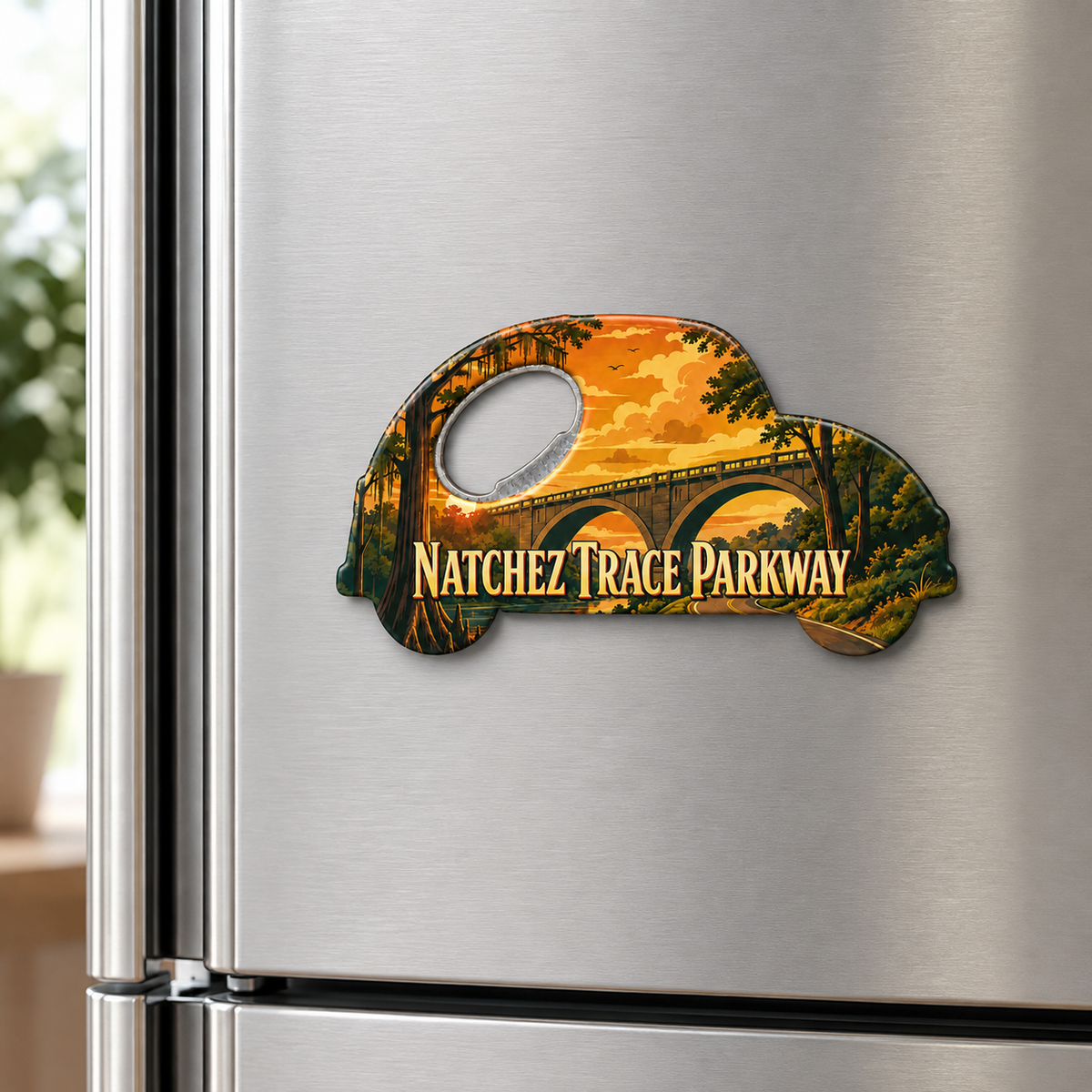 Natchez Trace Parkway souvenir bottle opener magnet displayed on a refrigerator