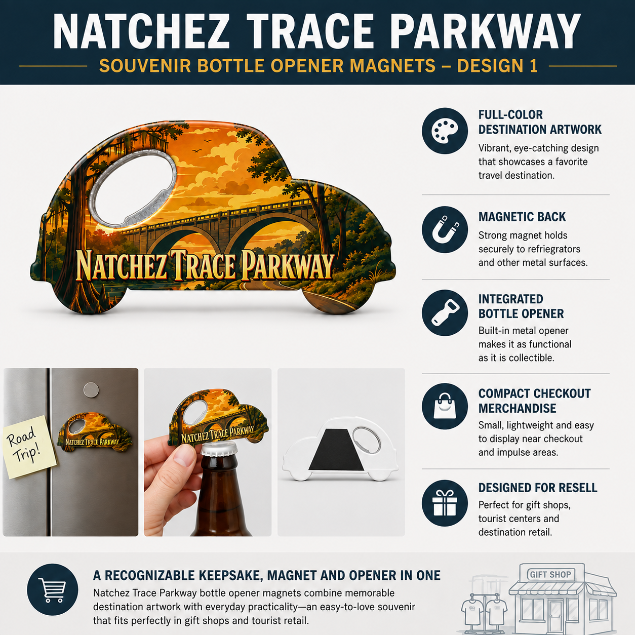 Natchez Trace Parkway souvenir bottle opener magnet features infographic