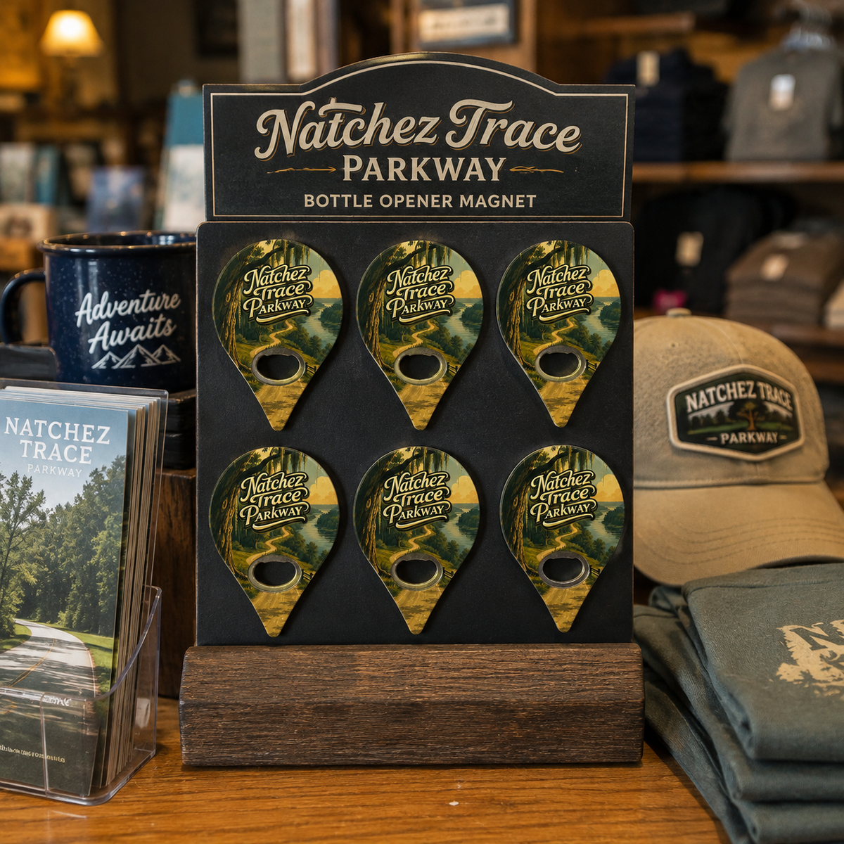 Natchez Trace Parkway souvenir bottle opener magnet in a retail lifestyle setting