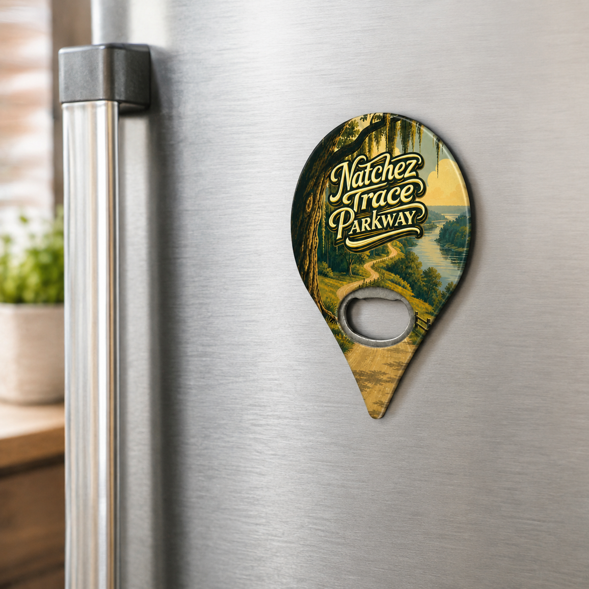 Natchez Trace Parkway souvenir bottle opener magnet displayed on a refrigerator