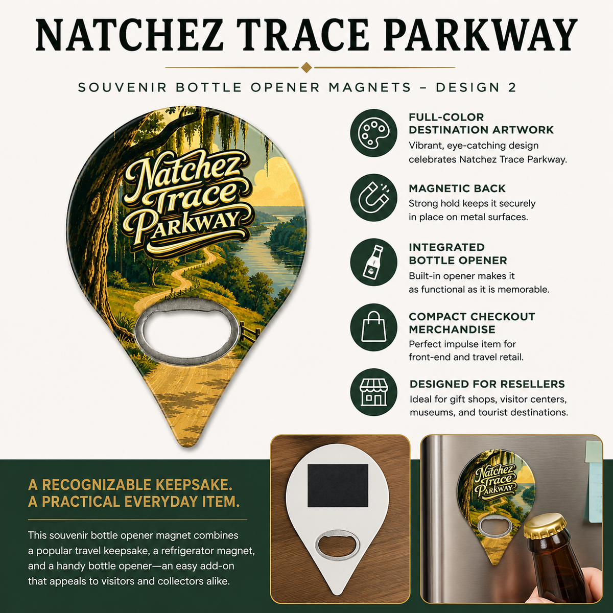 Natchez Trace Parkway souvenir bottle opener magnet features infographic
