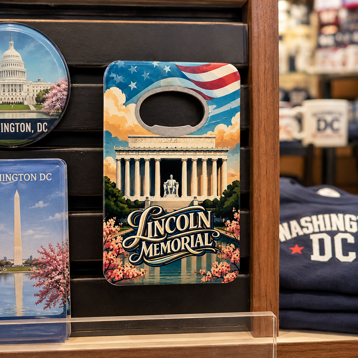Lincoln Memorial souvenir bottle opener magnet in a retail lifestyle setting