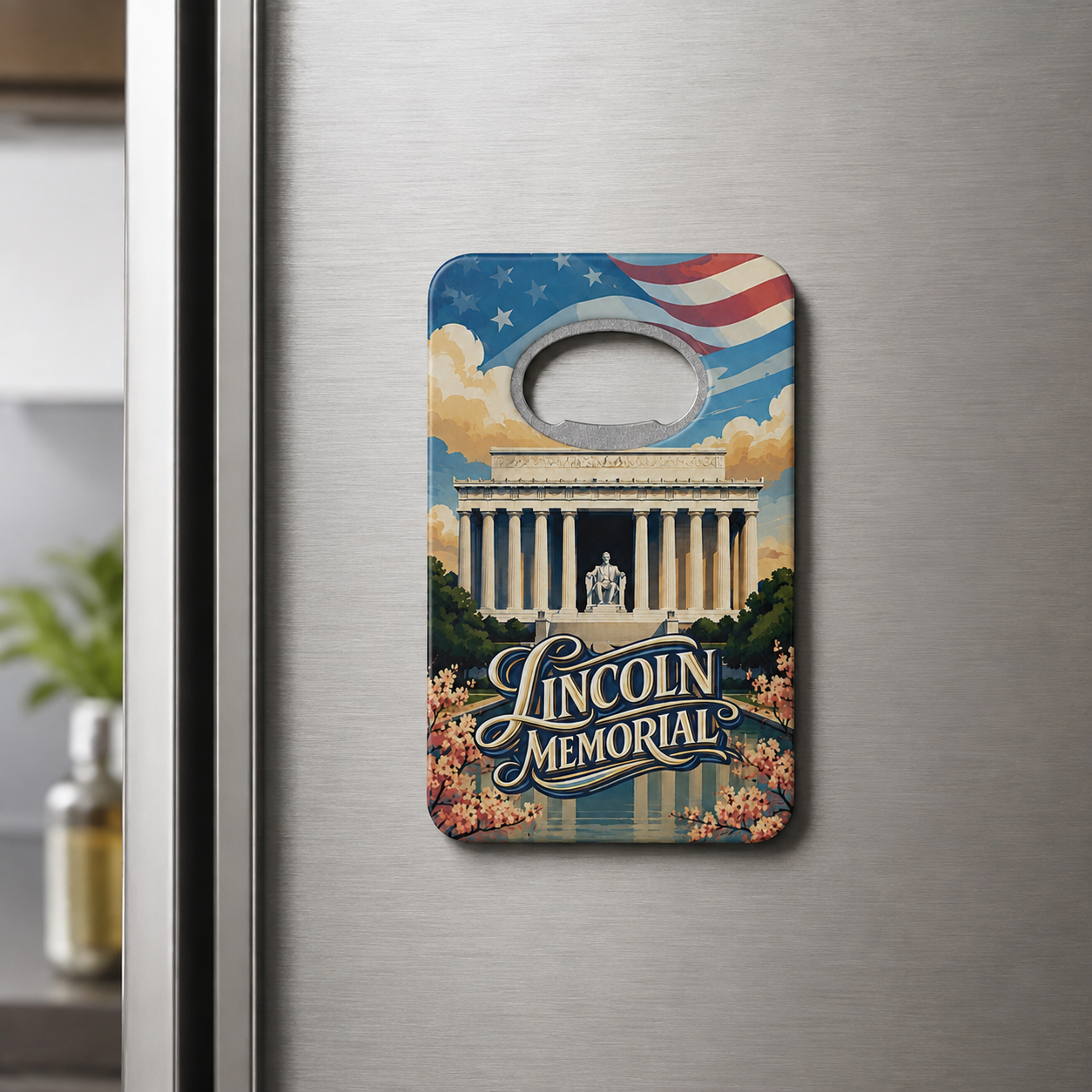 Lincoln Memorial souvenir bottle opener magnet displayed on a refrigerator