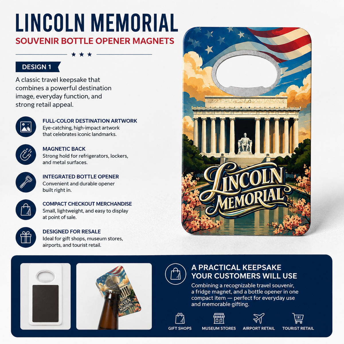 Lincoln Memorial souvenir bottle opener magnet features infographic