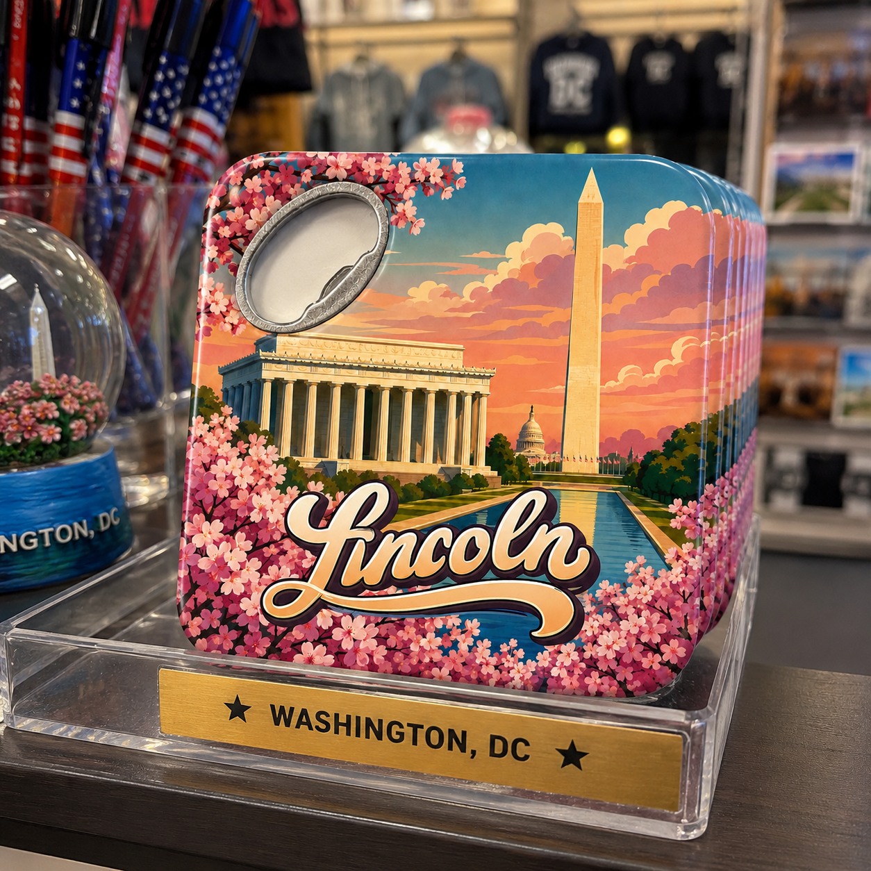 Washington DC souvenir bottle opener magnet in a retail lifestyle setting