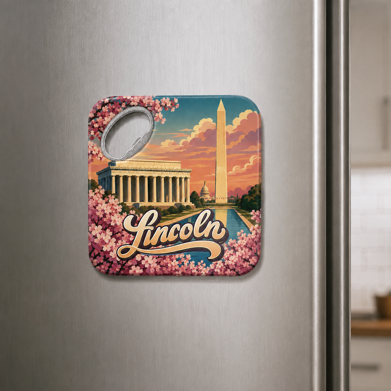 Washington DC souvenir bottle opener magnet displayed on a refrigerator