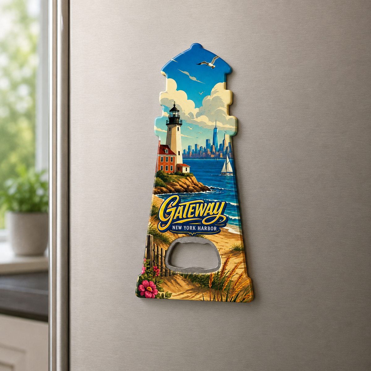 New York Harbor souvenir bottle opener magnet displayed on a refrigerator